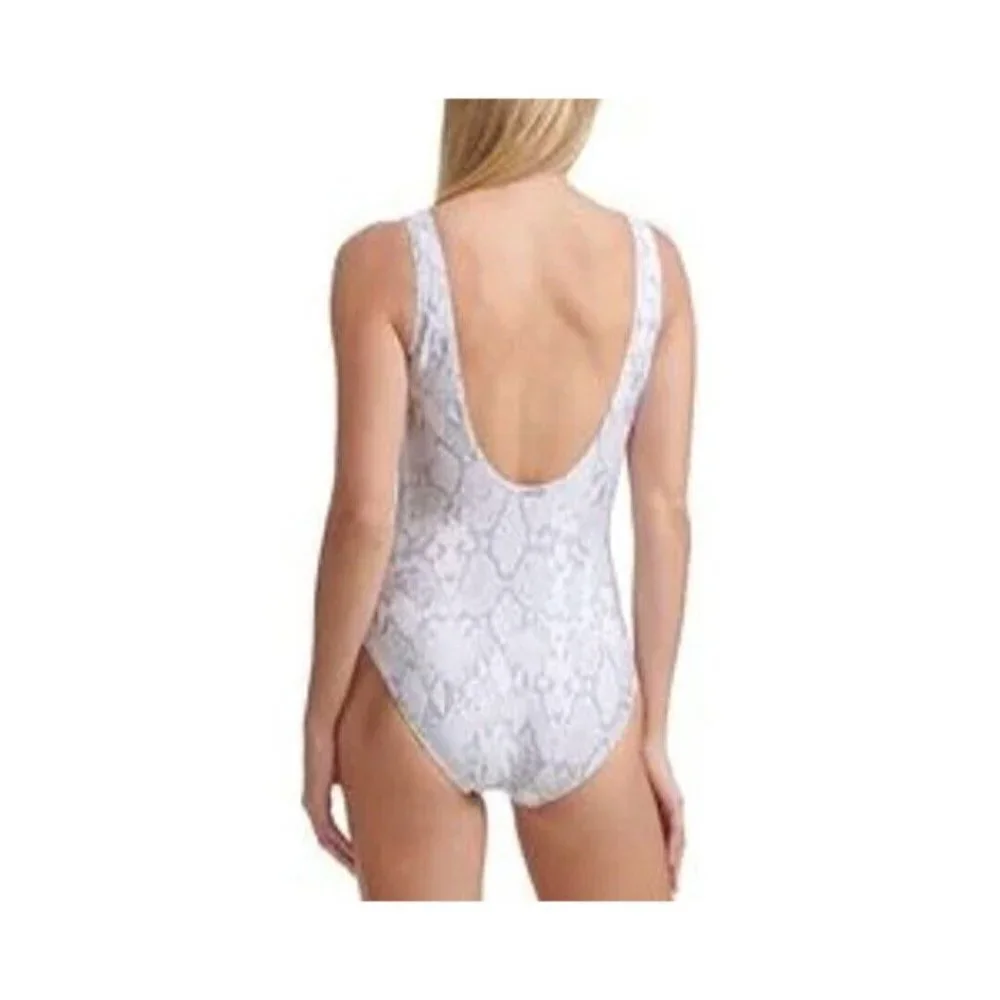 Dkny PEARL GREY Printed Peek-a-Boo Twist One Piece Swimsuit. Size 8. NWT $118 - Picture 2 of 4